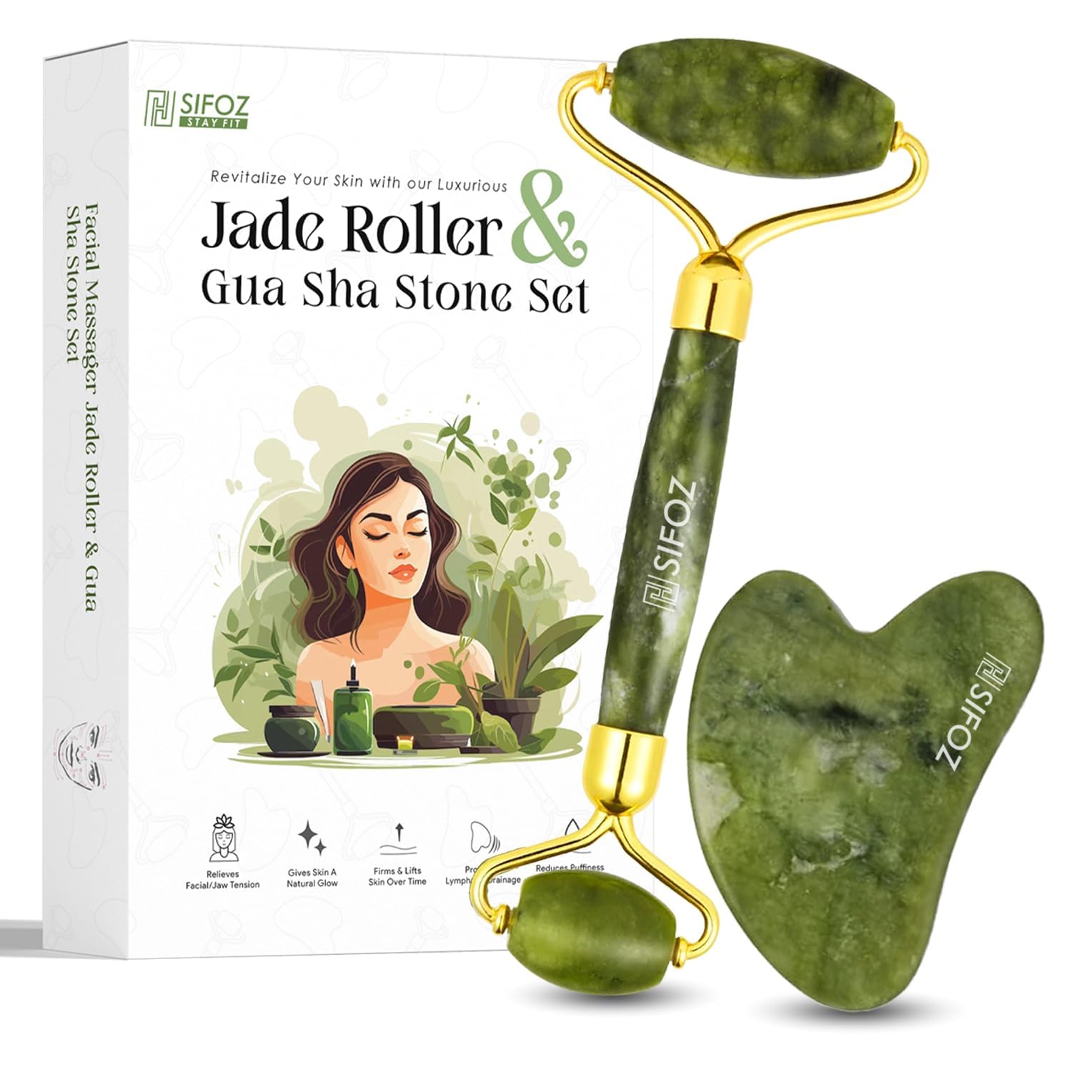 Sifoz Jade Roller & Gua Sha Set – Natural Facial Massager for Anti-Aging & Skin Care