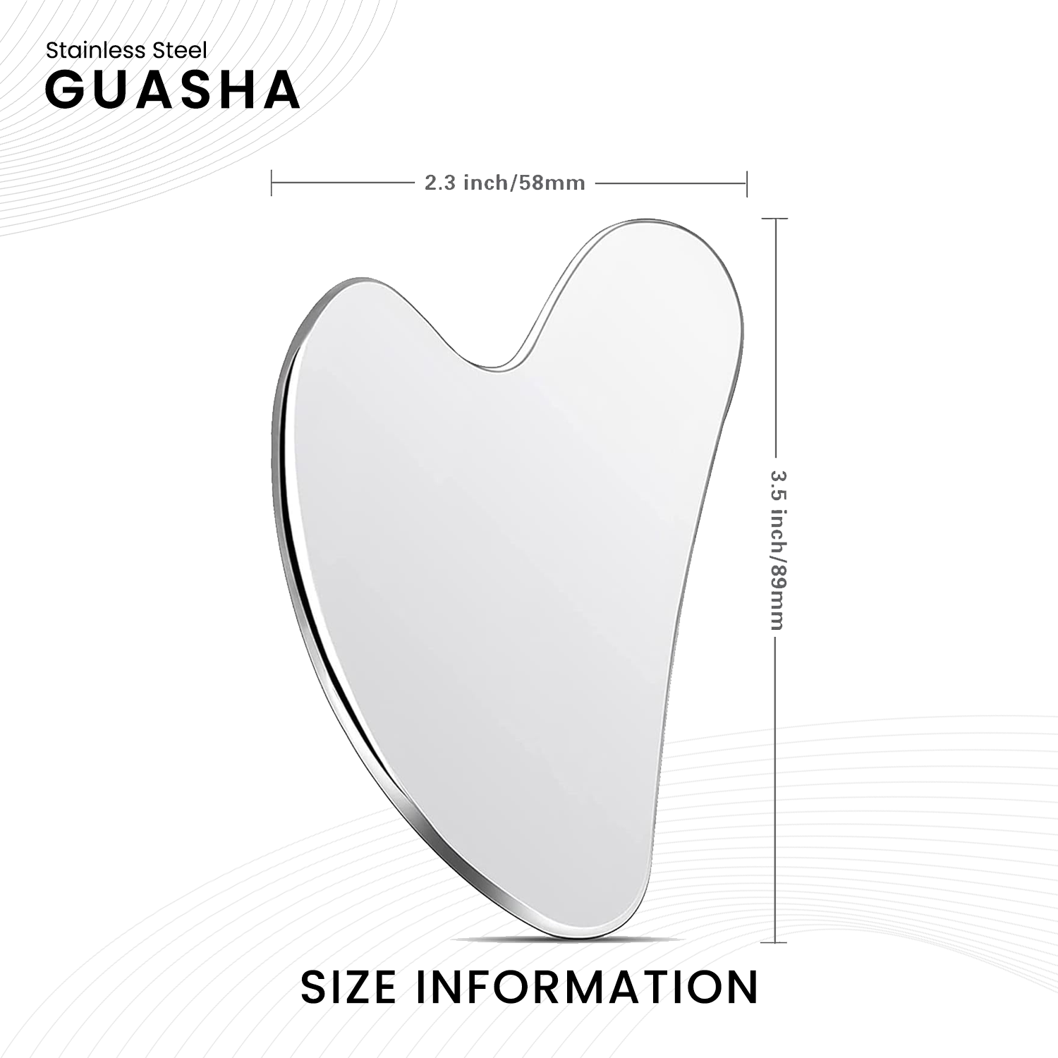 Stainless steel guasha tool with dimensions on a white background